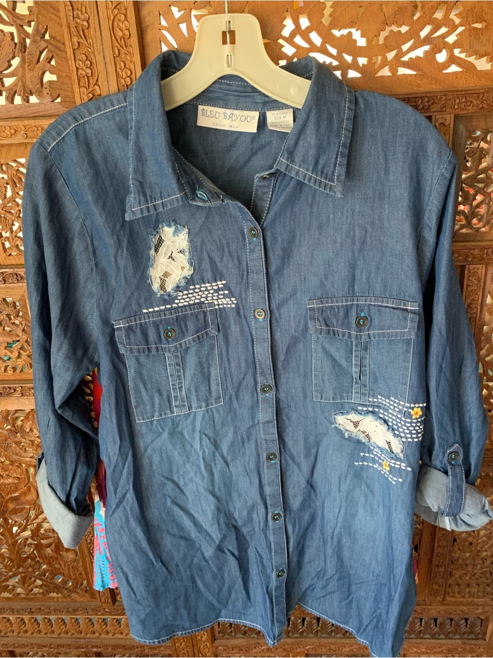 NWT Bleu Bayou Embroidered Denim Button-Up Shirt in Medium Blue
